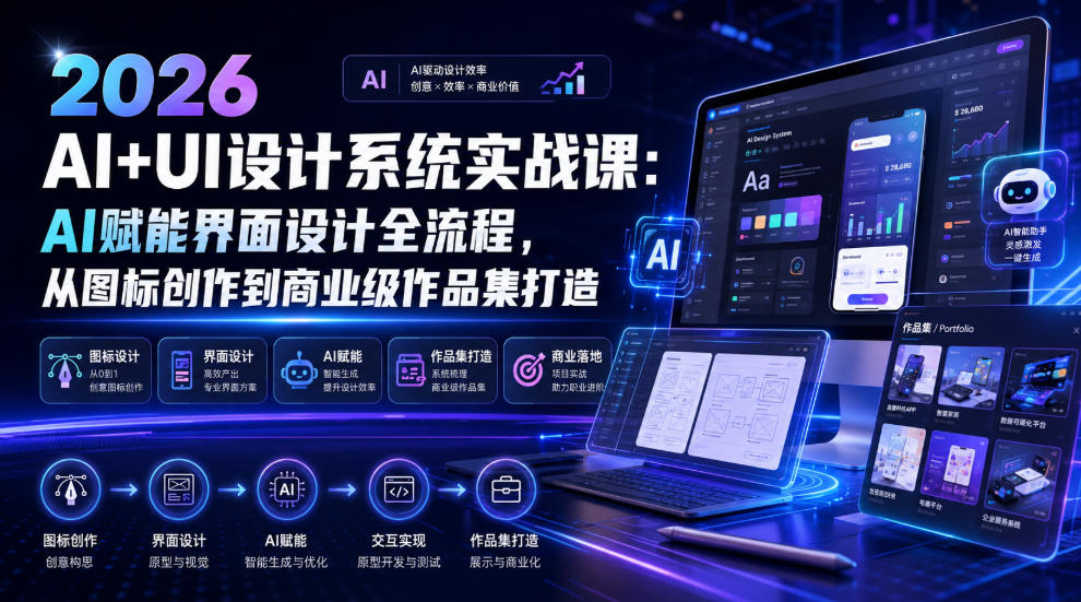 2026 AI+UI设计系统实战课：AI赋能界面设计全流程，从图标创作到商业级作品集打造|无忧资源社