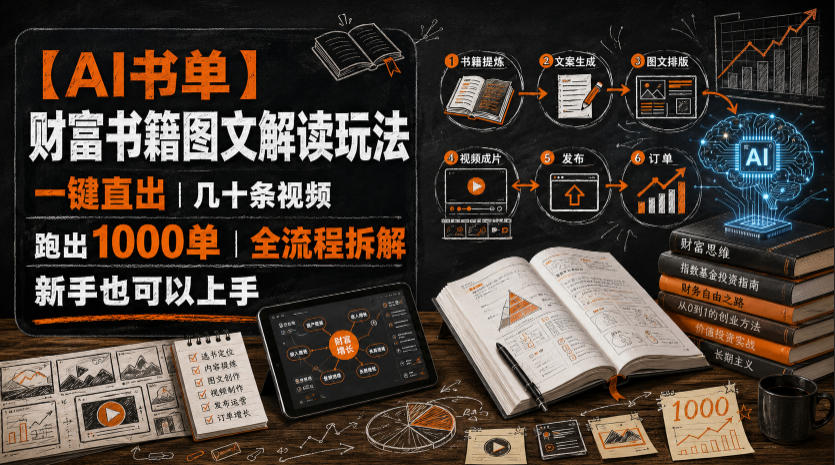 【AI书单】财富书籍图文解读玩法，一键直出，几十条视频，跑出1000单，全流程拆解，新手也可以上手|无忧资源社