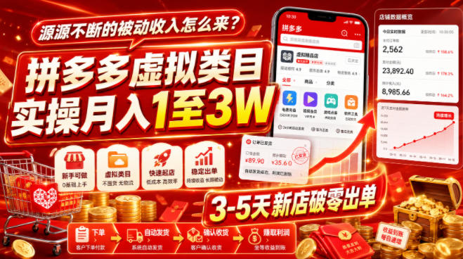 源源不断的被动收入怎么来？拼多多虚拟类目实操月入1至3W，3-5天新店破零出单|无忧资源社