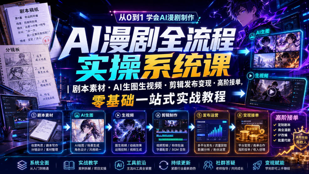 AI漫剧全流程实操系统课｜剧本素材・AI生图生视频・剪辑发布变现・高阶接单，零基础一站式实战教程|无忧资源社