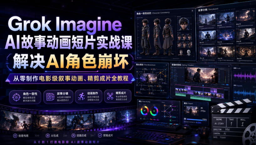 Grok Imagine AI故事动画短片实战课｜解决AI角色崩坏，从零制作电影级叙事动画、精剪成片全教程（中英字幕）|无忧资源社