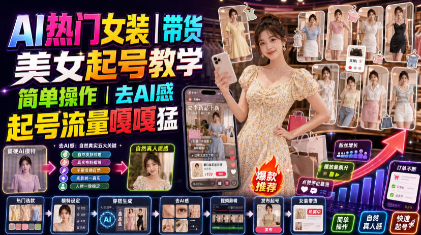 AI热门女装带货丨美女起号教学，简单操作，去AI感，起号流量嘎嘎猛|无忧资源社