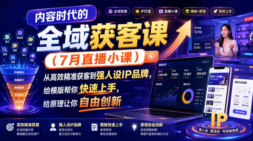 内容时代的全域获客课（7月直播小课），从高效精准获客到强人设IP品牌，给模版帮你快速上手，给原理让你自由创新|无忧资源社