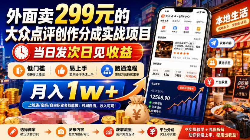 外面卖299元的大众点评创作分成实战项目，当日发次日见收益，低门槛易上手，跑通流程月入1w+|无忧资源社