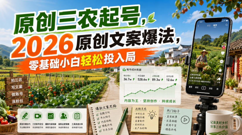 原创三农起号，2026原创文案爆法，零基础小白轻松投入局|无忧资源社