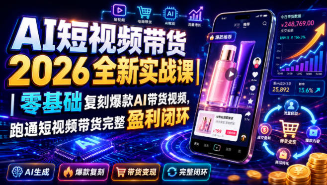 AI短视频带货2026全新实战课|零基础复刻爆款AI带货视频,跑通短视频带货完整盈利闭环|无忧资源社