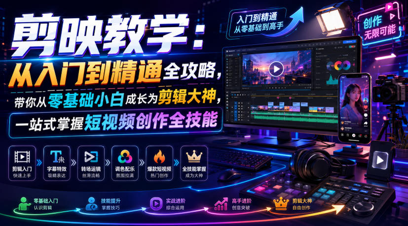 剪映教学：从入门到精通全攻略，带你从零基础小白成长为剪辑大神，一站式掌握短视频创作全技能|无忧资源社