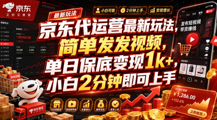 京东代运营最新玩法，简单发发视频，单日保底变现1k+，小白2分钟即可上手【揭秘】|无忧资源社