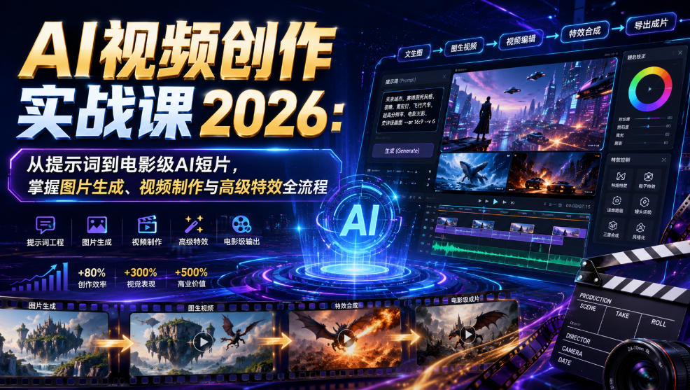 AI视频创作实战课2026：从提示词到电影级AI短片，掌握图片生成、视频制作与高级特效全流程|无忧资源社