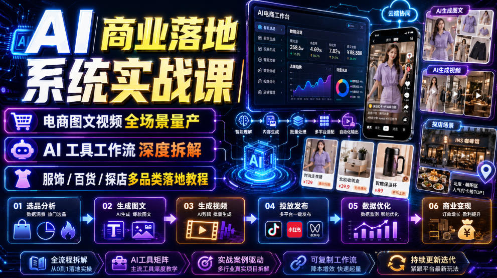 AI商业落地系统实战课｜电商图文视频全场景量产・AI工具工作流深度拆解・服饰/百货/探店多品类落地教程|无忧资源社