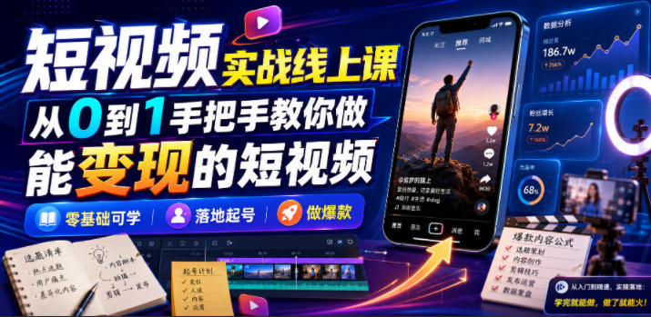 短视频实战线上课，从0到1手把手教你做能变现的短视频，零基础可学，落地起号做爆款|无忧资源社