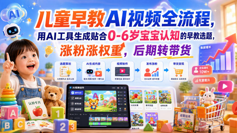 儿童早教AI视频全流程，用AI工具生成贴合0-6岁宝宝认知的早教选题，涨粉涨权重，后期转带货|无忧资源社