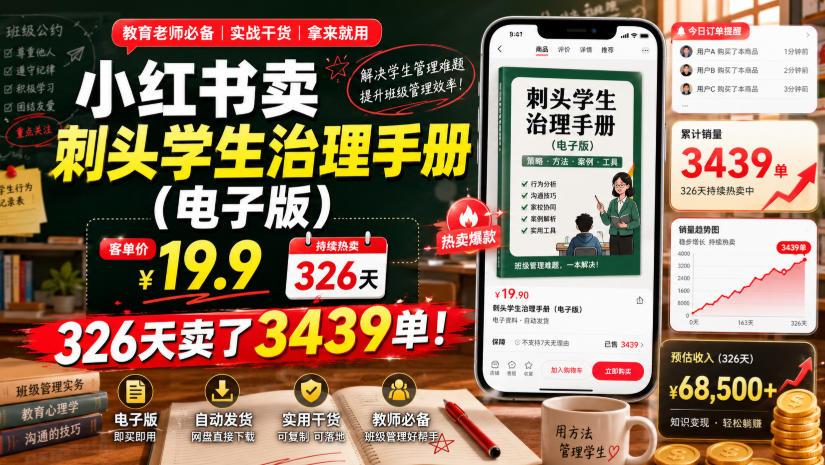 小红书卖刺头学生治理手册（电子版），客单价19.9，326天卖了3439单！|无忧资源社