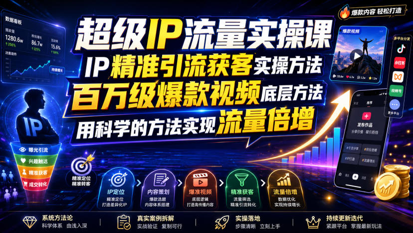 超级IP流量实操课，IP精准引流获客实操方法，百万级爆款视频底层方法，用科学的方法实现流量倍增|无忧资源社