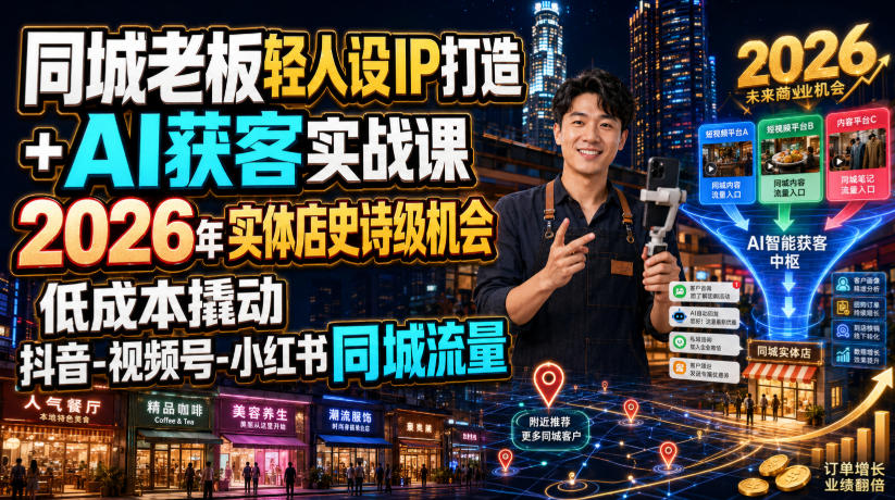 同城老板轻人设IP打造+AI获客实战课，2026年实体店史诗级机会，低成本撬动抖音-视频号-小红书同城流量|无忧资源社