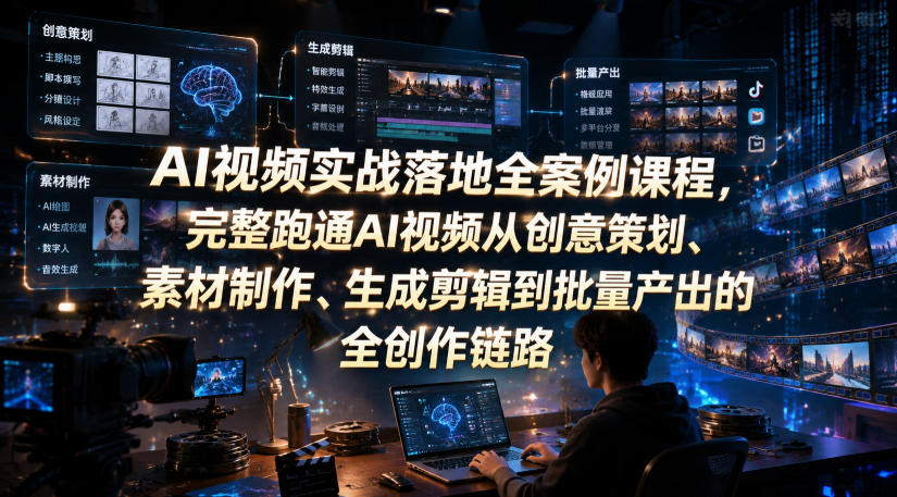 AI视频实战落地全案例课程，完整跑通AI视频从创意策划、素材制作、生成剪辑到批量产出的全创作链路|无忧资源社