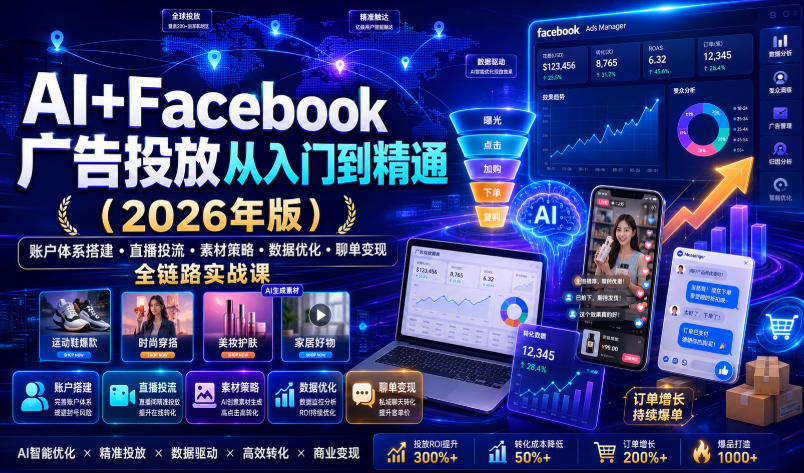 AI+Facebook广告投放从入门到精通（2026年版）｜账户体系搭建・直播投流・素材策略・数据优化・聊单变现全链路实战课|无忧资源社