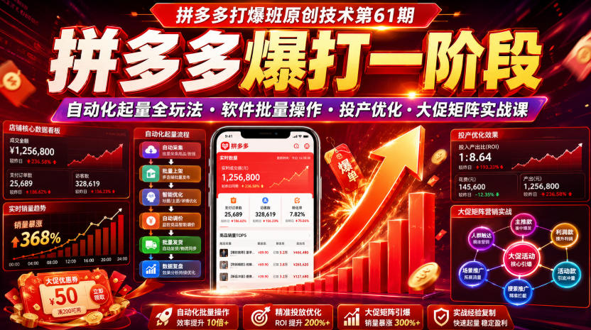 拼多多打爆班原创技术第61期，拼多多爆打一阶段，自动化起量全玩法・软件批量操作・投产优化・大促矩阵实战课|无忧资源社