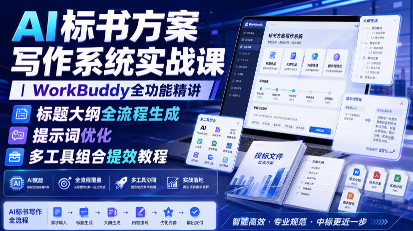 AI标书方案写作系统实战课｜WorkBuddy全功能精讲・标题大纲全流程生成・提示词优化・多工具组合提效教程|无忧资源社