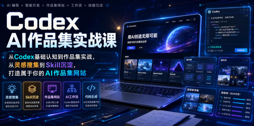 Codex AI作品集实战课,从Codex基础认知到作品集实战,从灵感搜集到Skill沉淀,打造属于你的AI作品集网站|无忧资源社
