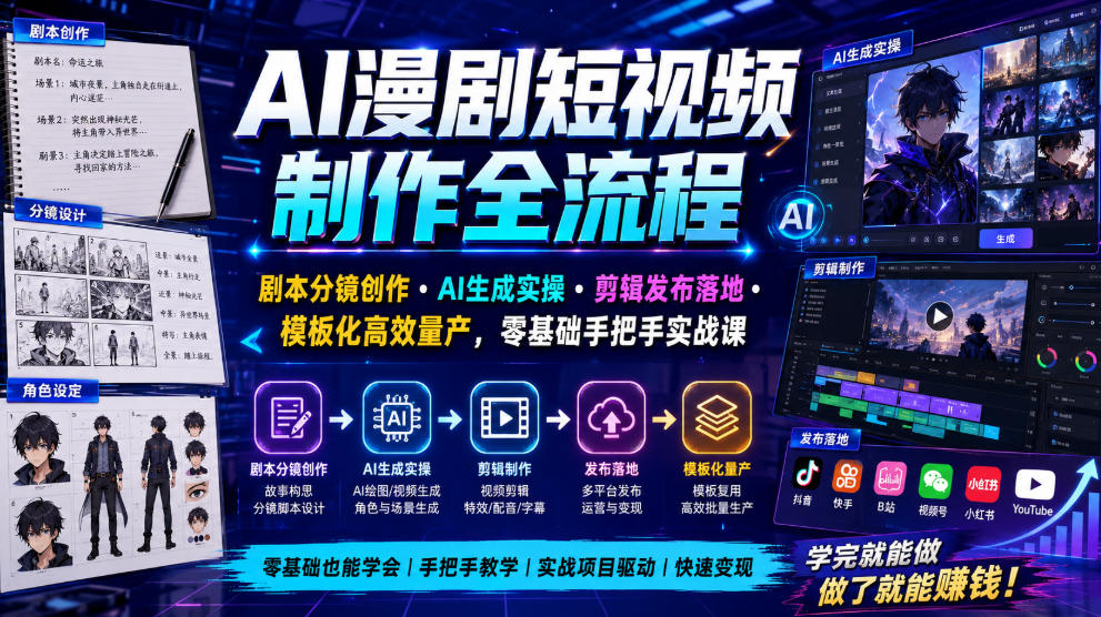 AI漫剧短视频制作全流程｜剧本分镜创作・AI生成实操・剪辑发布落地・模板化高效量产，零基础手把手实战课|无忧资源社