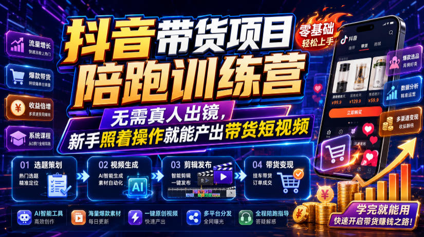 抖音带货项目陪跑训练营,无需真人出镜,新手照着操作就能产出带货短视频|无忧资源社