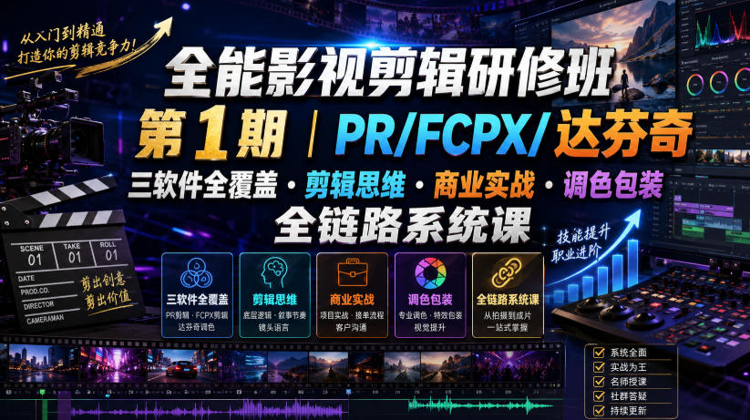 全能影视剪辑研修班第1期｜PR/FCPX/达芬奇三软件全覆盖・剪辑思维・商业实战・调色包装全链路系统课|无忧资源社