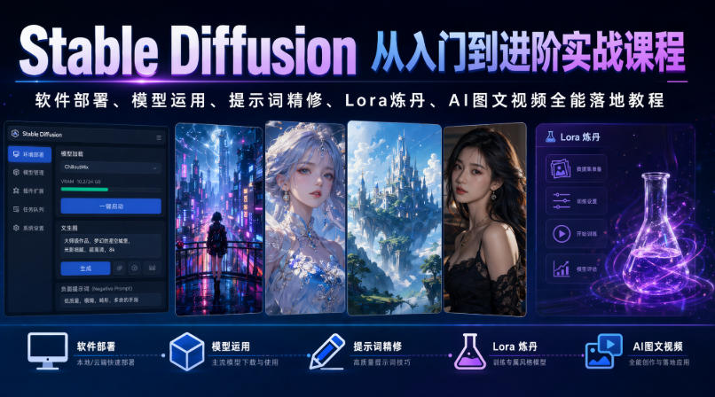 Stable Diffusion从入门到进阶实战课程｜软件部署、模型运用、提示词精修、Lora炼丹、AI图文视频全能落地教程|无忧资源社