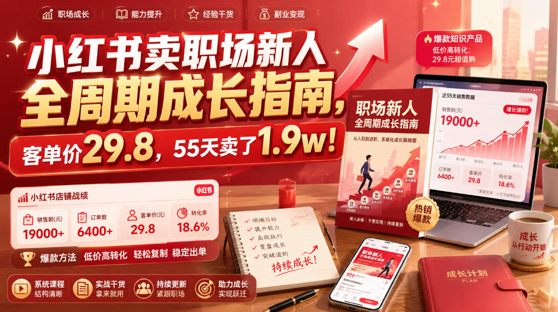 小红书卖职场新人全周期成长指南，客单价29.8，55天卖了1.9w！|无忧资源社