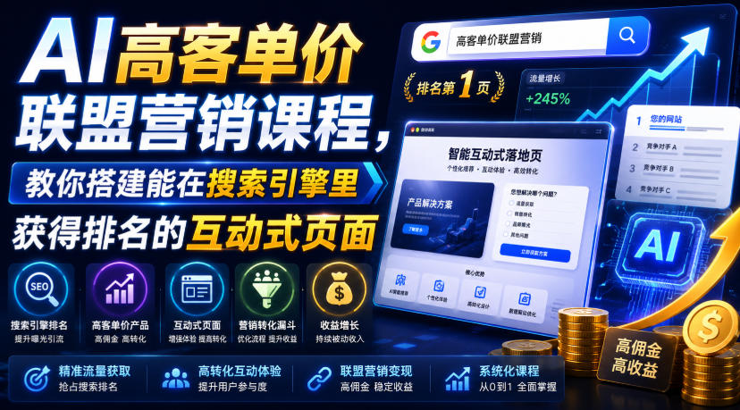 AI高客单价联盟营销课程，教你搭建能在搜索引擎里获得排名的互动式页面，引来流量，把访客转化为高佣金的成交【原创双语字幕】|无忧资源社