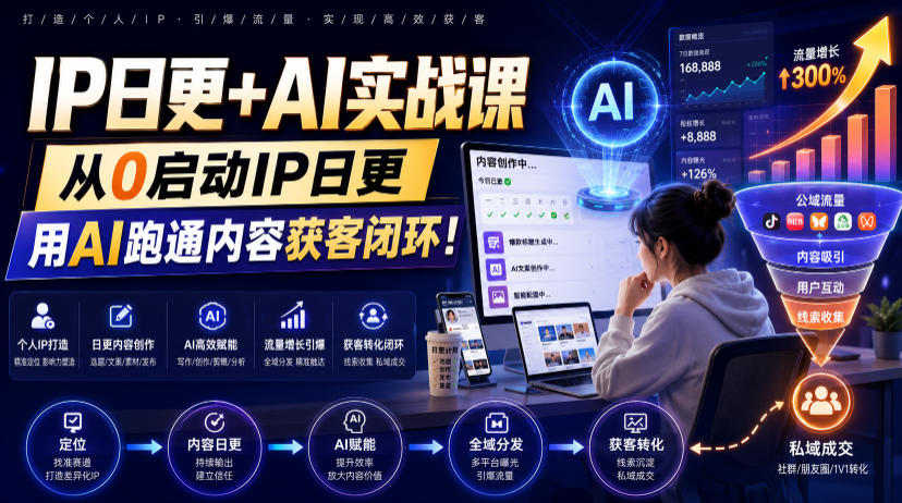 IP日更+AI实战课，从0启动IP日更，IP置顶视频制作+100条选题库搭建+10条日更规划，用AI跑通内容获客闭环!|无忧资源社