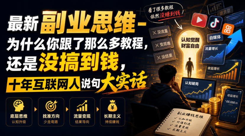 最新副业思维-为什么你跟了那么多教程，还是没搞到钱，十年互联网人说句大实话【揭秘】|无忧资源社