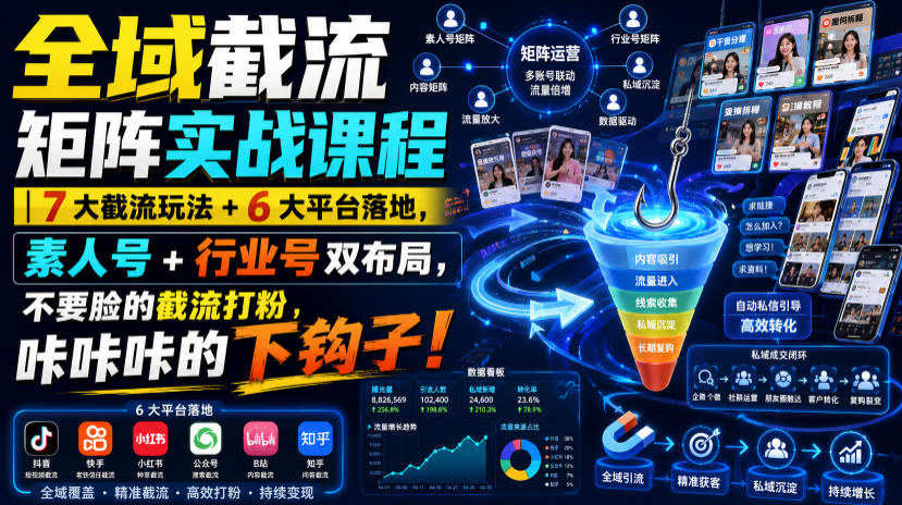 全域截流矩阵实战课程｜7大截流玩法+6大平台落地，素人号+行业号双布局，不要脸的截流打粉，咔咔咔的下钩子！|无忧资源社
