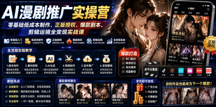 AI漫剧推广实操营｜零基础低成本制作、正版授权、爆款剧本、剪辑运镜全变现实战课|无忧资源社