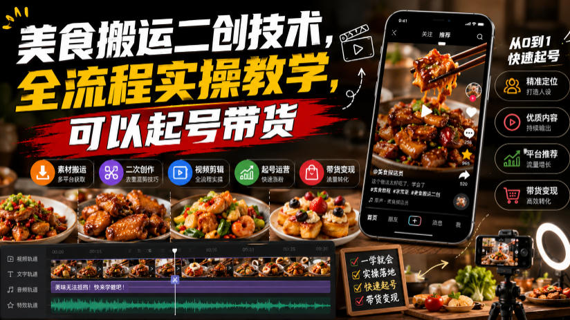 美食搬运二创技术，全流程实操教学，可以起号带货|无忧资源社
