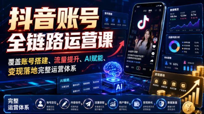抖音账号全链路运营课，覆盖账号搭建、流量提升、AI赋能、变现落地完整运营体系|无忧资源社