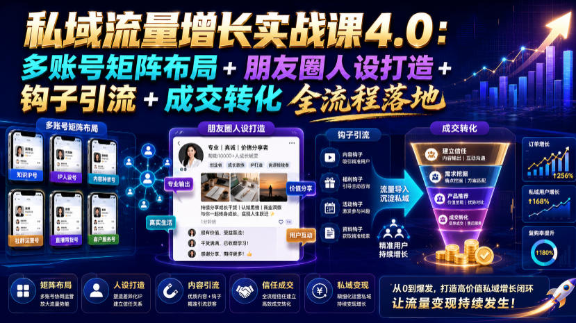 私域流量增长实战课4.0：多账号矩阵布局+朋友圈人设打造+钩子引流+成交转化全流程落地|无忧资源社