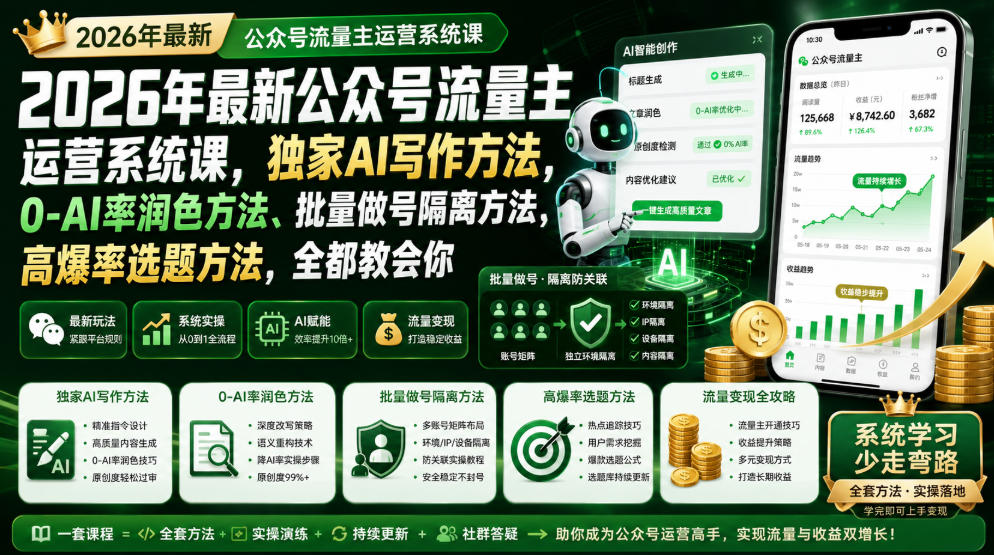 2026年最新公众号流量主运营系统课，独家AI写作方法，0-AI率润色方法、批量做号隔离方法、高爆率选题方法，全都教会你|无忧资源社