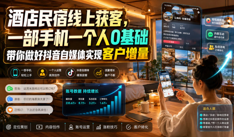 酒店民宿线上获客，一部手机一个人0基础带你做好抖音自媒体实现客户增量|无忧资源社