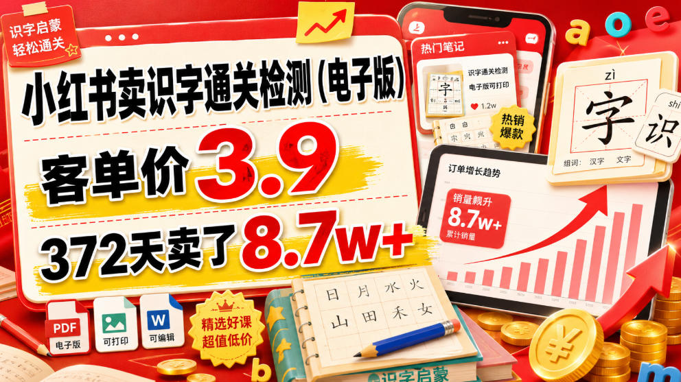 小红书卖识字通关检测（电子版），客单价3.9，372天卖了8.7w+|无忧资源社
