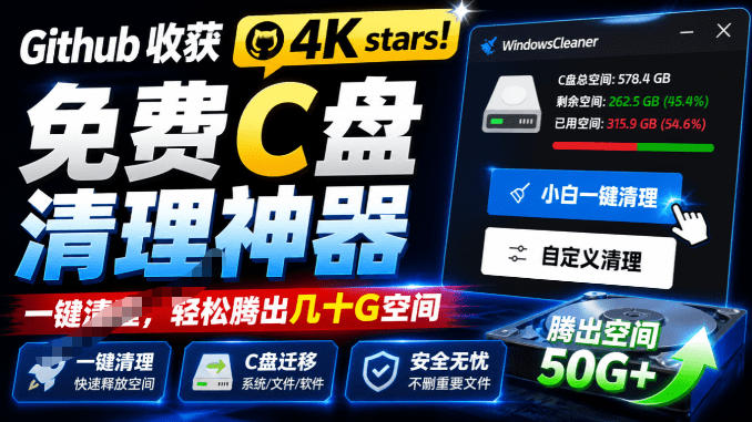 Github收获4K stars！免费C盘清理神器，轻松腾出几十G空间，支持C盘迁移Windows Cleaner|无忧资源社