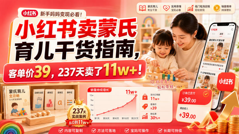 小红书卖蒙氏育儿干货指南，客单价39，237天卖了11w+！|无忧资源社