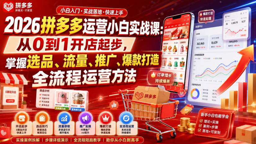 2026拼多多运营小白实战课：从0到1开店起步，掌握选品、流量、推广、爆款打造全流程运营方法|无忧资源社