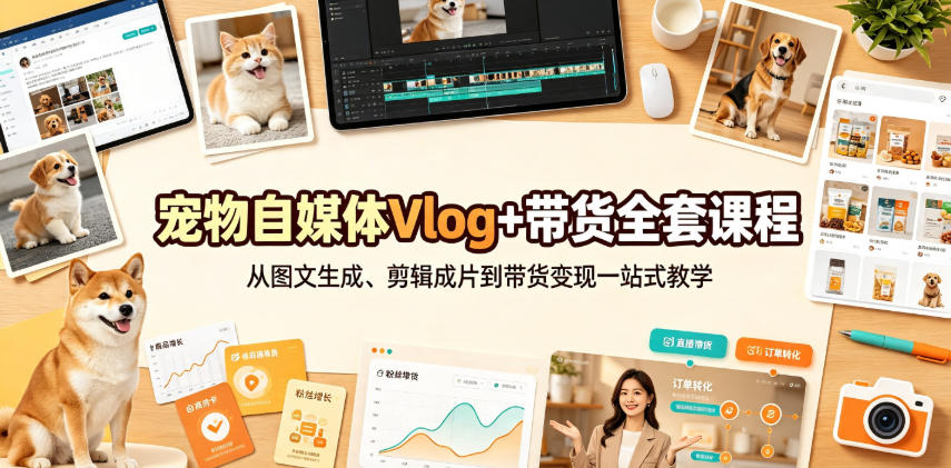 宠物自媒体Vlog+带货全套课程｜从图文生成、剪辑成片到带货变现一站式教学|无忧资源社