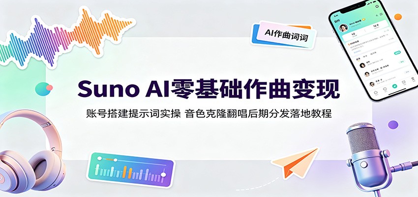 Suno AI零基础作曲变现：账号搭建提示词实操，音色克隆翻唱后期分发落地教程|无忧资源社