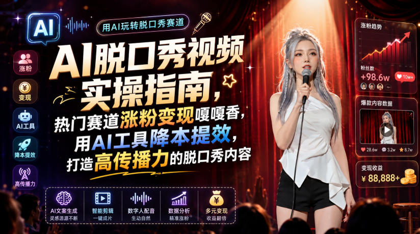 AI脱口秀视频实操指南，热门赛道涨粉变现嘎嘎香，用AI工具降本提效，打造高传播力的脱口秀内容|无忧资源社