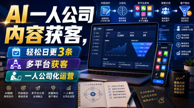AI一人公司内容获客，轻松日更3条，多平台获客，一人公司化运营|无忧资源社
