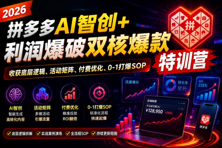 2026拼多多AI智创+利润爆破双核爆款特训营，收获底层逻辑、活动矩阵、付费优化、0-1打爆SOP|无忧资源社