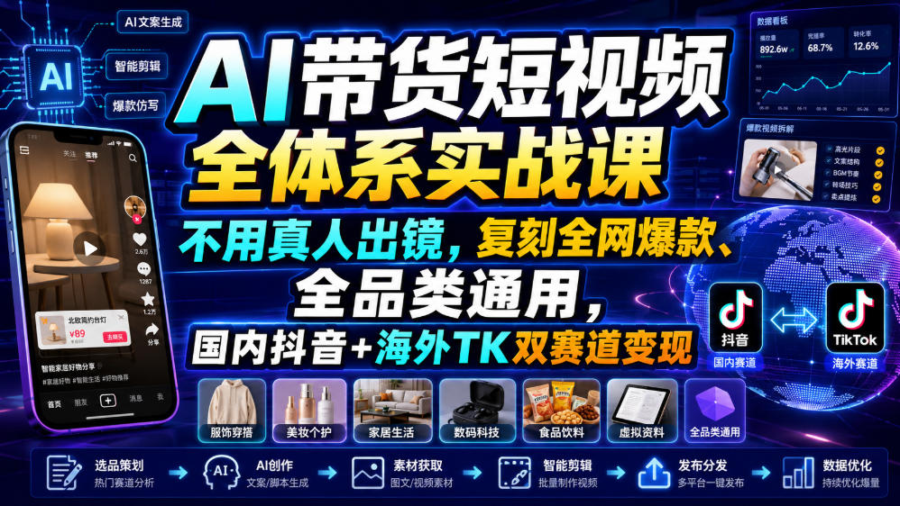 AI带货短视频全体系实战课，不用真人出镜，复刻全网爆款、全品类通用，国内抖音+海外TK双赛道变现|无忧资源社