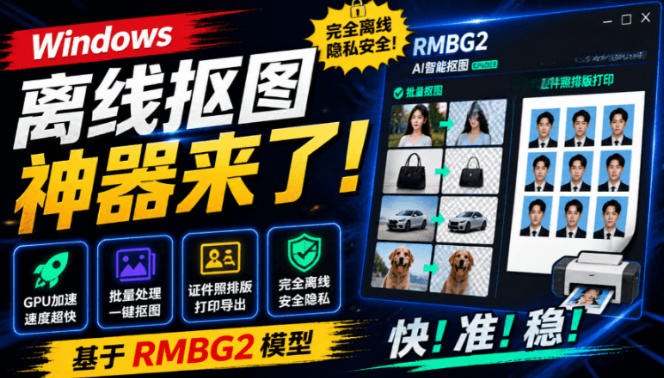 Windows离线抠图神器来了！支持批量抠图+证件照排版打印，基于RMBG2模型，GPU加速方块AI抠图|无忧资源社